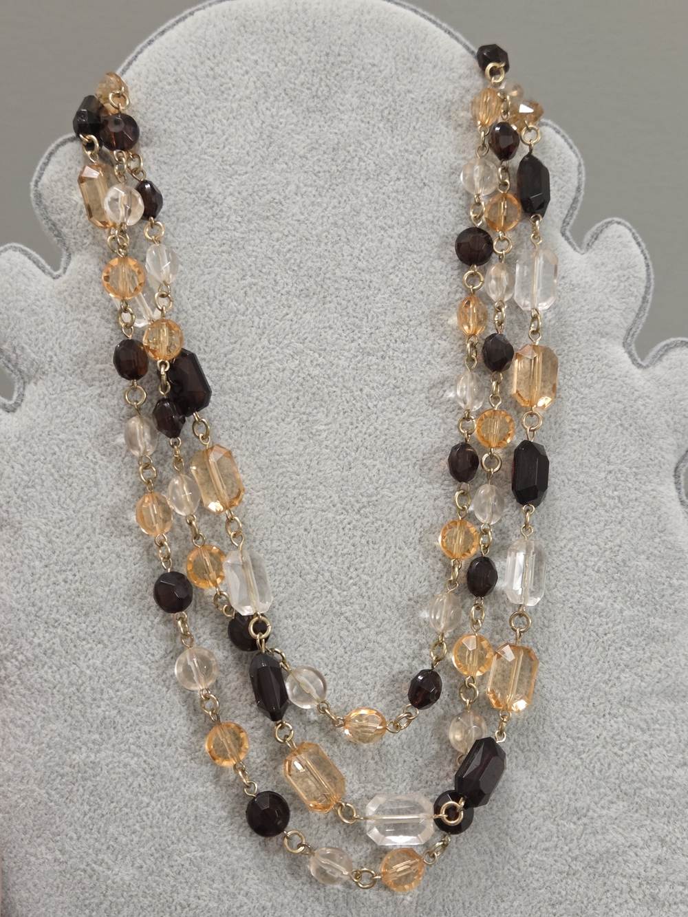 Vintage Multi-Strand Faceted Beaded Statement Necklace Amber Brown Layered Boho